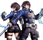  1boy 1girl akira_howard ass astral_chain brother_and_sister brown_eyes brown_hair chain gloves gonzarez highres jacket looking_at_viewer police police_uniform short_hair siblings simple_background uniform weapon white_background 