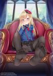  1girl :o bangs black_legwear black_skirt blonde_hair blue_eyes blush breasts commentary_request eyebrows_visible_through_hair fate/grand_order fate_(series) flower grey_flower hat highres long_hair long_sleeves looking_at_viewer lord_el-melloi_ii_case_files multicolored multicolored_clothes multicolored_hat no_shoes pantyhose puririn pussy red_headwear reines_el-melloi_archisorte sitting skirt small_breasts soles solo watermark web_address white_headwear window 