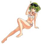  1girl absurdres barefoot bikini breasts curly_hair eyewear_on_head green_eyes green_hair highres looking_at_viewer murata_yuusuke navel official_art one-punch_man short_hair small_breasts solo sunglasses swimsuit tatsumaki white_background 