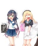  3girls asashio_(kantai_collection) assisted_exposure black_hair blonde_hair blue_eyes blue_neckwear blue_ribbon blue_sailor_collar blue_skirt buttons comiching commentary_request cowboy_shot dilated_pupils dress dress_shirt gloves gradient_hair hat highres jervis_(kantai_collection) kantai_collection kneehighs long_hair long_sleeves matsuwa_(kantai_collection) multicolored_hair multiple_girls neckerchief pleated_skirt purple_hair ribbon sailor_collar sailor_dress sailor_hat school_uniform serafuku shirt short_sleeves simple_background skirt standing tareme translation_request white_background white_dress white_gloves white_headwear white_legwear 