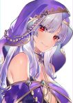  1girl akizone bangs bare_shoulders blue_hair breasts dress from_side highres hood hood_up large_breasts looking_at_viewer mole mole_under_eye original purple_dress purple_hood red_eyes silver_hair simple_background smile solo white_background 