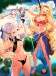  astraea_(fate/grand_order) bikini blonde_hair blue_hair bracelet breasts club coconut crossed_arms drill_hair fate/grand_order fate_(series) food fruit gradient_hair green_nails hand_on_hip jewelry kanabou kingprotea kodama_(wa-ka-me) large_breasts luviagelita_edelfelt medium_breasts multicolored_hair muscle muscular_female navel one-piece_swimsuit one_eye_closed penthesilea_(fate/grand_order) purple_hair quetzalcoatl_(fate/grand_order) saint_martha saint_martha_(swimsuit_ruler)_(fate) sharp_teeth swimsuit teeth watermelon weapon white_hair 