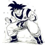  1boy clenched_hands clenched_teeth dougi dragon_ball dragon_ball_z fighting_stance full_body highres male_focus monochrome muscle rock serious solo son_gokuu space_jin teeth wristband 