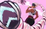  1girl absurdly_long_hair arms_(game) bare_shoulders dansome0203 dark_skin drill_hair from_behind highres incoming_punch long_hair looking_at_viewer solo twin_drills twintails twintelle_(arms) very_long_hair 