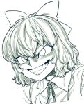  1girl bow cirno evil_grin evil_smile face grin hair_bow hatching_(texture) monochrome short_hair smile solo space_jin touhou 