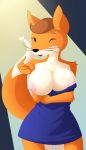  2019 5_fingers anthro areola beady_eyes big_breasts black_nose breasts brown_hair canid canine clothed clothing digital_media_(artwork) dipstick_tail female fingers fox hair hi_res looking_at_viewer mammal multicolored_tail nipples one_breast_out one_eye_closed solo whiskers whitmaverick wink 
