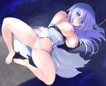 1girl arms_behind_back barefoot blue_eyes blue_hair breasts chain character_request dress_pull eyebrows_visible_through_hair hair_between_eyes kumatora_tatsumi large_breasts lying navel nipples on_side panties parted_lips pussy_juice sennen_sensou_aigis solo sweat underwear white_panties 