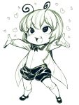  1girl antennae cape chibi flat_chest full_body heart heart-shaped_pupils monochrome outstretched_arms short_hair shorts solo space_jin symbol-shaped_pupils touhou wriggle_nightbug 