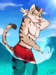 2019 absurd_res beach bottomwear chest_tuft clothed clothing felid feline gesture green_eyes hi_res leopard_cat looking_at_viewer male mammal nekojishi one_eye_closed peace_sign_(disambiguation) pecs prionailurus seachord seaside shorts shu-chi stripes swimwear tongue tongue_out topless tuft v_sign water wet wink 