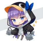  1girl :q animal animal_hood artist_name bangs bird black_jacket blue_bow blue_eyes blush bow chibi closed_mouth commentary english_commentary eyebrows_visible_through_hair fate/grand_order fate_(series) full_body grey_background hitsukuya hood hood_up hooded_jacket jacket long_hair long_sleeves looking_at_viewer meltryllis meltryllis_(swimsuit_lancer)_(fate) penguin penguin_hood puffy_long_sleeves puffy_sleeves purple_hair signature sleeves_past_fingers sleeves_past_wrists smile solo sparkle tongue tongue_out two-tone_background very_long_hair white_background 