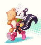  abstract_background anthro bandanna black_fur boots clothing den255 eyes_closed food footwear fur geoffrey_st_john gloves hair handwear happy holding_food holding_object male mammal mephitid plushie popcorn skunk smile solo sonic_(series) teddy_bear white_fur white_hair 