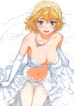  1girl :d absurdres bare_shoulders blonde_hair blue_eyes breasts bridal_veil cleavage cowboy_shot dress elbow_gloves gloves highres homunculus_(artist) jewelry leaning_forward medium_breasts navel necklace open_mouth original revealing_clothes scan short_hair simple_background sketch smile solo strapless strapless_dress teardrop thigh_gap veil white_background white_dress white_gloves 
