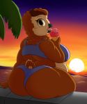  absurd_res anthro avian beach beak belly big_belly big_breasts big_butt bird breasts brown_feathers butt clothed clothing dessert digital_media_(artwork) eating eyelashes feathers female food grandpaced hi_res huge_breasts ice_cream licking looking_at_viewer looking_back obese open_mouth overweight overweight_female owl palm_tree phelia rear_view seaside sitting solo sunset swimwear thick_thighs tongue tongue_out tree wide_hips 