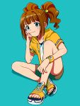  1girl :3 bare_legs blue_background clothes_writing collarbone commentary green_eyes hair_ornament hand_on_own_cheek highres idolmaster idolmaster_(classic) naruse_ill orange_hair sandals short_sleeves shorts sidelocks simple_background sitting solo sweatband takatsuki_yayoi toenails twintails wristband 