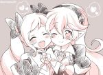  2girls armor bow closed_eyes closed_mouth corrin_(fire_emblem) corrin_(fire_emblem)_(female) elise_(fire_emblem) eromame fire_emblem fire_emblem_fates grey_background hair_bow hairband long_hair manakete multiple_girls one_eye_closed open_mouth pointy_ears simple_background smile twintails twitter_username upper_body 
