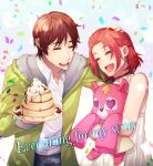  1boy 1girl :d blush brother_and_sister brown_hair choker closed_eyes confetti dress english_text food garo:vanishing_line garo_(series) green_jacket hand_on_head highres holding holding_stuffed_animal jacket martin_hennes nc4 open_mouth pancake red_choker red_hair shirt short_hair siblings simple_background smile sophia_hennes stack_of_pancakes standing stuffed_animal stuffed_toy whipped_cream white_background white_dress white_shirt 