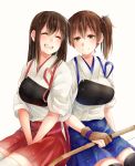  2girls akagi_(kantai_collection) bow_(weapon) breasts brown_eyes brown_hair closed_eyes gloves hakama_skirt kaga_(kantai_collection) kantai_collection large_breasts multiple_girls muneate open_mouth osm_(916200) partly_fingerless_gloves side_ponytail smile tasuki thighhighs weapon zettai_ryouiki 
