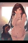  1girl animal aran_sweater bangs blurry blurry_background blush breasts brown_hair brown_hairband clothes_tug commentary_request covered_mouth depth_of_field dog dog_request eyebrows_visible_through_hair furukawa_itsuse grey_sweater hairband hand_up highres letterboxed long_hair long_sleeves looking_at_viewer off-shoulder_sweater off_shoulder original red_eyes ribbed_sweater sleeves_past_fingers sleeves_past_wrists small_breasts solo sweater sweater_tug very_long_hair window 