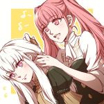  2girls closed_mouth comb combing fire_emblem fire_emblem:_three_houses hilda_valentine_goneril holding long_hair lowres lysithea_von_ordelia multiple_girls open_mouth pink_eyes pink_hair short_sleeves sooon103 twintails uniform white_hair 