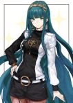  1girl absurdly_long_hair absurdres asymmetrical_sleeves bangs black_shirt black_shorts blue_eyes blue_hair blunt_bangs breasts brown_legwear cleopatra_(fate/grand_order) closed_mouth cowboy_shot diadem earrings eyebrows_visible_through_hair facial_mark fate/grand_order fate_(series) floating_hair harutask highres jacket jewelry long_hair long_sleeves looking_at_viewer medium_breasts open_clothes open_jacket pantyhose shirt short_shorts shorts smile solo standing very_long_hair white_background white_jacket 