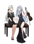  2girls ak-12_(girls_frontline) an-94_(girls_frontline) bench black_dress black_footwear black_gloves black_ribbon blue_hair bow_(instrument) braid breasts closed_eyes dress girls_frontline gloves green_eyes hair_ribbon hands_together highres holding holding_instrument instrument jewelry long_hair looking_at_another mt_(ringofive) multiple_girls necklace ribbon short_sleeves sidelocks silver_hair simple_background sitting small_breasts very_long_hair violin white_background 