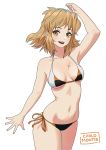  1girl :d artist_name bikini blush breasts brown_eyes brown_hair carlo_montie cowboy_shot fingernails fortissimo looking_at_viewer medium_breasts medium_hair open_mouth scar senki_zesshou_symphogear side-tie_bikini simple_background smile solo swimsuit tachibana_hibiki_(symphogear) white_background 