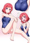  1girl angry ass bangs bare_arms bare_legs barefoot blush breasts collarbone embarrassed halftone halftone_background hands_on_own_knee highres kanji knee_up looking_at_viewer love_live! love_live!_school_idol_project medium_breasts multiple_views nishikino_maki one-piece_swimsuit open_mouth polka_dot polka_dot_background purple_eyes red_hair school_swimsuit short_hair sitting smile solo speech_bubble swimsuit translation_request yopparai_oni 