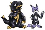  2019 ambiguous_gender animate_inanimate bdsm bondage bound clothed clothing collar digimon digimon_(species) digital_media_(artwork) dinosaur doll dolores_(extyrannomon) dom/sub dragon duo extyrannomon floppsies gimp gimp_suit glistening glistening_clothing gold_(metal) gold_tooth gumdramon living_plushie male master/pet open_mouth plushie reptile rubber ruffled_collar scalie suit topwear vest vinny_(gumdramon) wings zipper 