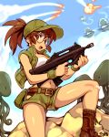  1girl alien bandaid bandaid_on_knee baseball_cap battle_rifle belt belt_pouch black_panties boots breasts brown_eyes brown_hair bullpup combat_boots commentary english_commentary finger_on_trigger fio_germi glasses green_shorts gun hat hip_vent holding holding_gun holding_weapon leg_up long_hair mars_people metal_slug midriff missile navel open_clothes open_mouth open_vest optionaltypo panties pouch rifle round_eyewear short_shorts shorts small_breasts socks solo_focus strapless surrounded tubetop ufo underwear vest weapon wristband 