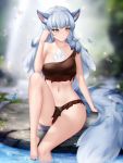  1girl animal_ears bangs barefoot blurry blurry_background breasts bug butterfly day dot_nose eyebrows_visible_through_hair feet freckles gigamessy insect long_hair midriff monster_girl navel original outdoors pelvic_curtain rock sitting sitting_on_rock smile soaking_feet solo tail thighs toenail_polish water wolf_ears wolf_girl wolf_tail yellow_eyes 