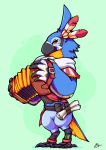  2019 accordion anthro avian beak black_beak breath_of_the_wild clothed clothing feathers kass_(tloz) looking_at_viewer male musical_instrument nintendo pachoo.pi rito simple_background solo talons the_legend_of_zelda video_games yellow_eyes 