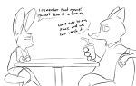  absurd_res anthro black_and_white blush bottomwear canid canine clothing comic dialogue disney duo ears_down embarrassed fox head_on_hand hi_res holding_object judy_hopps lagomorph leporid mammal monochrome nick_wilde pants pivoted_ears rabbit shirt sitting speech_bubble stool table tggeko topwear wide_eyed zootopia 