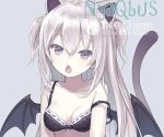  animal_ears bra capriccio catgirl cropped demon fang gray_eyes gray_hair long_hair original succubus tail twintails underwear waifu2x watermark wings 