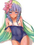  1girl :p ames aono_(f_i_s) bangs bare_arms bare_shoulders blue_eyes blue_swimsuit blush braid breasts closed_mouth collarbone covered_navel eyebrows_visible_through_hair flower gradient gradient_background green_hair hair_flower hair_ornament highres long_hair looking_at_viewer nipples one-piece_swimsuit pink_flower pointy_ears princess_connect! princess_connect!_re:dive pulled_by_self purple_hair shadow side_braids sidelocks simple_background small_breasts smile solo swimsuit swimsuit_pull tan tanline tongue tongue_out twin_braids very_long_hair wet white_background 