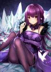  1girl absurdres bangs bug butterfly choker detached_sleeves dress eyebrows_visible_through_hair fate/grand_order fate_(series) hair_between_eyes highres huge_filesize ice insect long_hair long_sleeves looking_at_viewer pantyhose parted_lips purple_dress purple_hair purple_legwear purple_sleeves red_eyes scathach_(fate)_(all) scathach_skadi_(fate/grand_order) shiny shiny_hair sitting sleeveless sleeveless_dress solo strapless strapless_dress taruton_(konritu0821) very_long_hair 