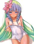  1girl :p ames aono_(f_i_s) bangs bare_arms bare_shoulders blue_eyes blush braid breasts closed_mouth collarbone covered_navel eyebrows_visible_through_hair flower gradient gradient_background green_hair hair_flower hair_ornament highres long_hair looking_at_viewer nipples one-piece_swimsuit pink_flower pointy_ears princess_connect! princess_connect!_re:dive pulled_by_self purple_hair school_swimsuit shadow side_braids sidelocks simple_background small_breasts smile solo swimsuit swimsuit_pull tan tanline tongue tongue_out twin_braids very_long_hair wet white_background white_school_swimsuit white_swimsuit 