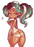  1girl bare_shoulders borvar breasts butt_crack dark_skin green_eyes green_hair highres iida_(splatoon) looking_back musical_note panties pointy_ears simple_background sketch solo splatoon_(series) splatoon_2 spoken_musical_note tentacle_hair thick_thighs thighs underwear white_background white_panties 