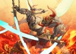  armor blade dual_wielding extra_arms final_fantasy final_fantasy_xiv fire grey_horns holding horns insect_wings mt_(ringofive) no_humans ravana_(final_fantasy) red_eyes solo standing wings 
