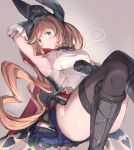  1girl arm_up armpits bangs bare_shoulders black_cape black_gloves black_ribbon blush boots breasts brown_hair brown_legwear cape clarisse_(granblue_fantasy) closed_mouth commentary_request elbow_gloves eyebrows_visible_through_hair frilled_gloves frilled_skirt frills gloves granblue_fantasy green_eyes grey_background grey_footwear hair_ribbon highres knee_boots long_hair looking_at_viewer lying medium_breasts milli_little multicolored multicolored_cape multicolored_clothes on_back red_cape red_skirt ribbon shirt skirt sleeveless sleeveless_shirt solo spoken_blush thighhighs twitter_username very_long_hair 