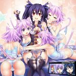  6+girls absurdres animal_ears ass bangs bare_shoulders bed blush breasts butt_crack cameltoe camisole cat_ears cat_girl cat_tail choker choujigen_game_neptune cleavage eyebrows_visible_through_hair finger_sucking garter_straps hair_ornament hair_ribbon highres hood hood_down long_hair medium_breasts multiple_girls nepgear neptune_(neptune_series) neptune_(series) noire on_bed panties pantyshot pantyshot_(sitting) pleated_skirt purple_eyes purple_hair red_eyes ribbon sereneandsilent short_hair siblings sisters sitting sitting_on_bed skindentation skirt small_breasts striped striped_legwear striped_panties tail thighhighs tin_can twintails twitter_username umio_(neptune_series) underwear uni_(neptune_series) white_panties yuri 