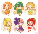  +_+ 6+girls :d :o ;d bangs bare_arms bare_shoulders blonde_hair blush_stickers bow bowtie braid brown_eyes brown_hair brown_headwear carrot cheek_bulge chibi closed_mouth commentary_request corn dress eyebrows_visible_through_hair food_request forehead green_dress green_eyes green_footwear green_hair green_neckwear hair_between_eyes hat heterochromia highres low_twintails multicolored multicolored_eyes multiple_girls one_eye_closed one_side_up open_mouth orange_dress orange_eyes orange_footwear orange_hair orange_shirt original outstretched_arm outstretched_arms parted_bangs parted_lips personification pink_eyes ponytail purple_dress purple_eyes purple_footwear purple_hair red_footwear red_hair red_shorts round_teeth shirt shoes short_hair short_shorts short_sleeves shorts signature sleeveless sleeveless_dress smile sofra spread_arms standing standing_on_one_leg straw_hat suspender_shorts suspenders teeth tomato translation_request twin_braids twintails upper_teeth white_shirt yellow_dress yellow_footwear yellow_shorts 