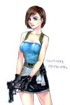  1girl blue_eyes breasts brown_hair cleavage closed_mouth commentary_request fingerless_gloves gloves gun jill_valentine kikimimi_612 looking_at_viewer resident_evil resident_evil_3 short_hair simple_background skirt solo weapon white_background 
