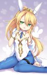  1girl animal_ears artoria_pendragon_(all) artoria_pendragon_(swimsuit_ruler)_(fate) baku-p bangs blonde_hair blue_legwear blue_neckwear blush braid breasts bunny_ears collar collarbone commentary_request detached_collar eyebrows_visible_through_hair fate/grand_order fate_(series) green_eyes hair_between_eyes hand_up head_tilt high_ponytail leotard long_hair looking_at_viewer navel navel_cutout necktie pantyhose parted_lips ponytail short_necktie sitting small_breasts smile solo strapless strapless_leotard tiara very_long_hair wariza white_collar white_leotard wing_collar wrist_cuffs 