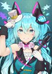  1girl blue_eyes blue_hair choker eyebrows_visible_through_hair follow_dreams gloves grin hair_between_eyes hair_ornament hatsune_miku holding_microphone_stand long_hair looking_at_viewer shiny shiny_hair sleeveless smile solo twintails upper_body very_long_hair vocaloid white_gloves 