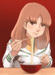  1girl 80s brown_hair choujikuu_yousai_macross commentary_request cup_ramen food hayase_misa lafolie long_hair macross macross:_do_you_remember_love? military military_uniform noodles oldschool ramen solo u.n._spacy uniform 