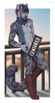  2019 4_toes 5_fingers anthro censor_bar dannoitanart digital_media_(artwork) digitigrade felid fingers fur grey_fur hair hi_res horn hybrid leopard looking_at_viewer male mammal navel outside pantherine purple_hair railing scarf scarf_only solo standing toes yellow_eyes 