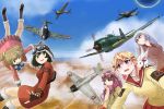  5girls adjusting_scarf aircraft airplane amakasu_miyabi armband backpack bag black_footwear black_gloves black_hair blue_eyes blue_sky boots brown_eyes brown_gloves brown_hair bunny bunny_hair_ornament chika_(kouya_no_kotobuki_hikoutai) closed_mouth cloud cloudy_sky coat commentary_request crossover day emblem falling fingerless_gloves flying frown fur-trimmed_boots fur-trimmed_gloves fur_trim glasses gloves goggles goggles_around_neck goggles_on_head goggles_on_headwear hagoromo_maki hair_ornament highres jacket kirie_(kouya_no_kotobuki_hikoutai) knee_boots kogarashi_kei kouya_no_kotobuki_hikoutai leaning_forward long_sleeves looking_at_another looking_at_viewer military military_vehicle miniskirt motion_blur multiple_girls outdoors parted_lips partial_commentary pink_jacket pink_scarf pleated_skirt purple_hair purple_skirt red-framed_eyewear red_coat roundel scamp_(scamp_f16) scarf school_uniform serafuku shidenkai_no_maki short_hair short_twintails silver_hair skirt sky smile sweater twintails vehicle_request yellow_sweater 