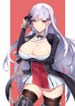  1girl areola_slip areolae azur_lane black_gloves black_legwear blush boots breasts center_opening cleavage coat covered_nipples cowboy_shot dress dunkerque_(azur_lane) embarrassed gloves hair_ornament highres large_breasts long_hair long_sleeves looking_at_viewer magenta_eyes purple_eyes red_background short_dress silver_hair simple_background solo thigh_boots thighhighs thighs yinyu_(nico) zettai_ryouiki 