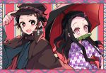  1boy 1girl alternate_costume amesawa_mokke bamboo bit_gag black_hair black_headwear blush_stickers border brother_and_sister brown_hair coat earrings facial_scar gag hair_slicked_back hanafuda hat hat_tip japanese_clothes jewelry kamado_nezuko kamado_tanjirou kimetsu_no_yaiba kimono long_hair looking_at_another looking_at_viewer multicolored_hair obi open_mouth parasol patterned_background pink_eyes red_eyes red_hair sash scar short_hair siblings side-by-side slit_pupils two-tone_hair umbrella upper_body 