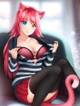  1girl animal_ear_fluff animal_ears blurry blurry_background blush bra breasts cat_ears cat_girl cleavage collarbone couch curled_tail dot_nose eyebrows_visible_through_hair eyelashes fang gigamessy heterochromia huge_breasts knees_together_feet_apart long_hair looking_at_viewer open_clothes open_shirt original pink_tail red_bra red_hair red_skirt shirt skirt smile smirk solo striped striped_shirt thighhighs underwear zettai_ryouiki zipper 
